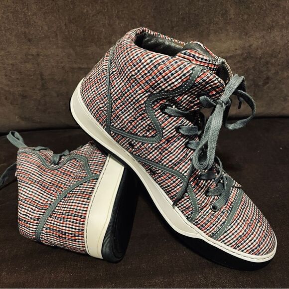 Lanvin designer high top sneakers red white blue plaid grey piping Womens 9 US - Picture 12 of 13